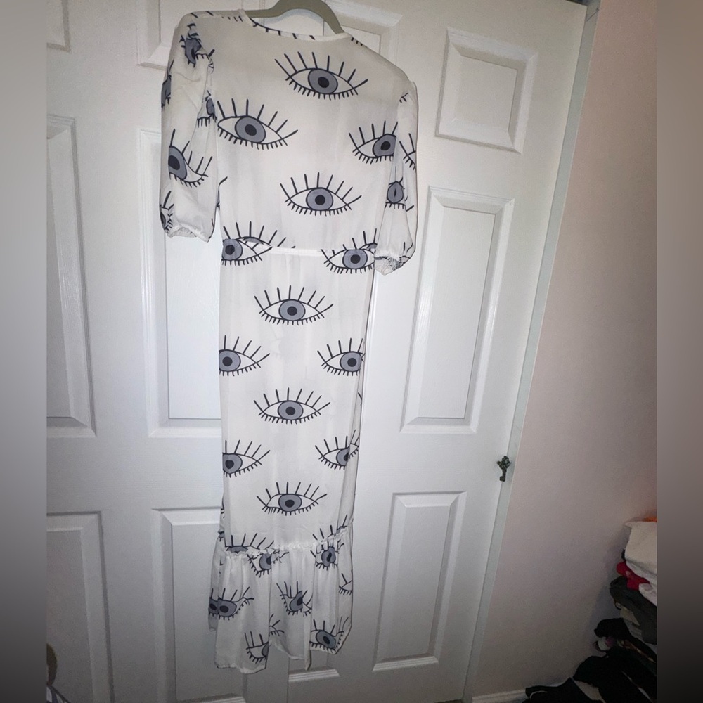 💥SALE Evil Eye Midi Dress/Beach Cover-up Boho Tie Front Small/Med - Picture 8 of 12